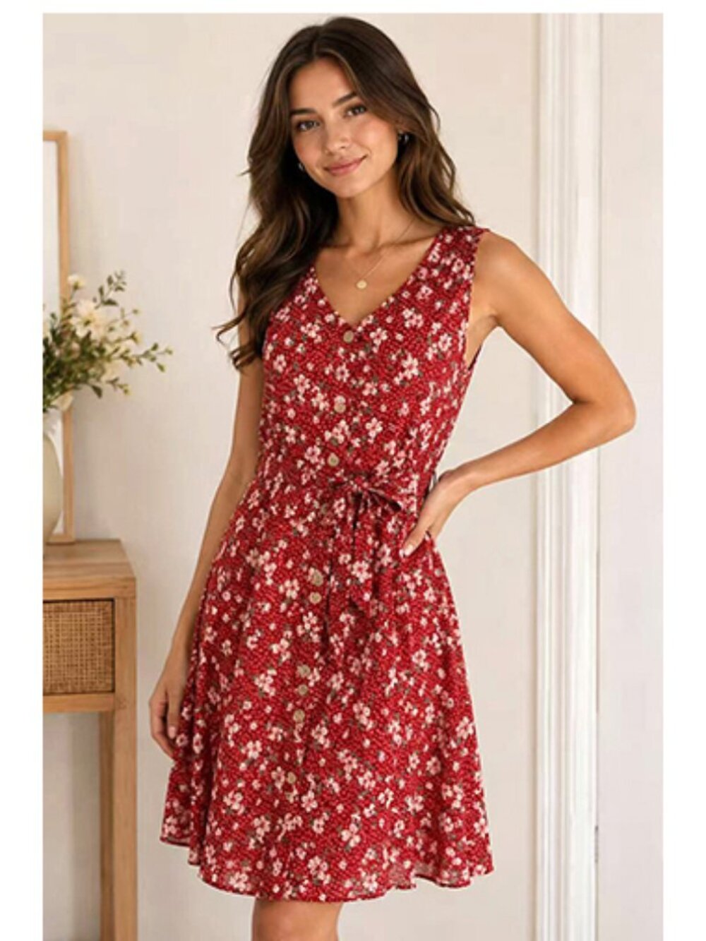 Women Summer Floral Sleeveless Casual Pull-on Short Dress - Red, S